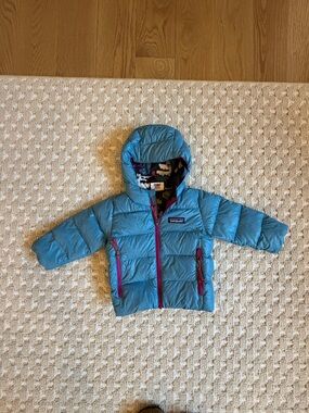 Patagonia Baby Puffer Jacket in Teal, Purple, Black and White Floral Print